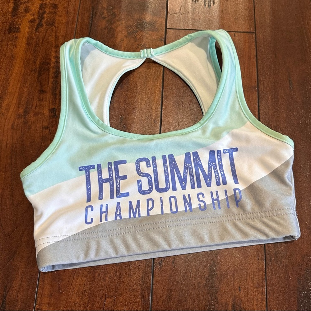 Varsity The Summit Aqua White Gray Cheer Sports Bra Size Small (fits like XS)